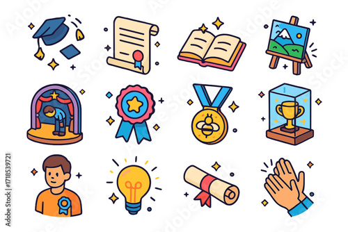 Academic Achievements Icons. Colorful isometric vector icons set of Academic and creative achievements: graduation cap toss, honor roll certificate, open book