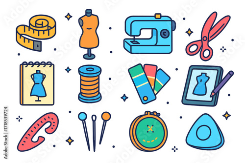 Fashion Design Icons. Colorful isometric vector icons set of fashion design tools: measuring tape, dress form, sewing machine, fabric scissors, sketchbook,