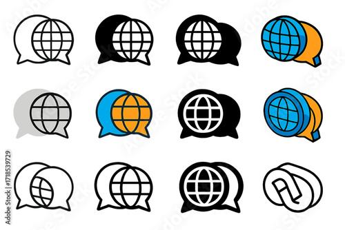 Cultural Adaptation Logos. Set Logo of Cultural Adaptation: Two speech bubbles. Logo set in vector style, emblematic variations. line, bold thick line, solid