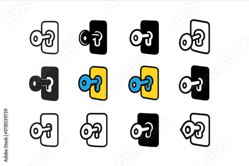 Handheld Key Logos. Set Logo of Handheld House Keys: key inserted in door lock. Logo set in vector style, emblematic variations. line, bold thick line, solid