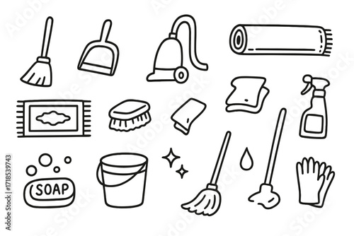 Cleaning Tools Icons. Hand-drawn doodle illustration Maintaining rugs broom, dustpan, vacuum cleaner, carpet, rug, brush, cloth, spray, soap, bucket, mop,