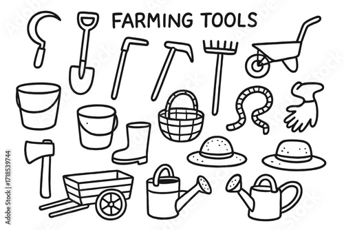 Farming Tools Doodle. Hand-drawn doodle illustration Farming Tools [sickle, shovel, hoe, rake, plow, wheelbarrow, bucket, basket, rope, boots, gloves, axe,