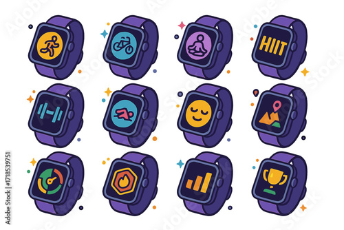 Fitness App Icon Set. Colorful isometric vector icons set of smartwatch fitness apps: running app, cycling app, yoga app, HIIT app, strength training app,