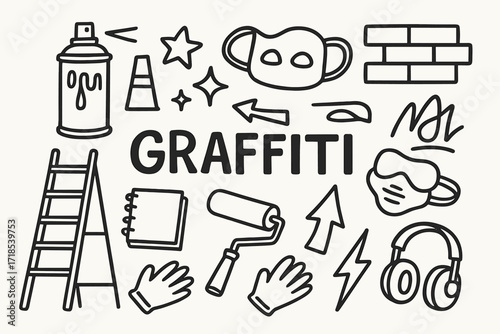 Graffiti Tools Doodle. Hand-drawn doodle illustration Graffiti mural art spray can, paint drips, ladder, mask, wall bricks, roller, arrows, star shapes, bold