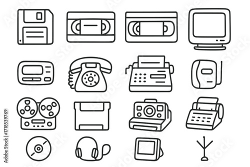 Obsolete Tech Icons. Hand-drawn doodle illustration Obsolete Tech Icons [floppy disk, cassette tape, VHS tape, CRT monitor, pager, old phone, typewriter, fax