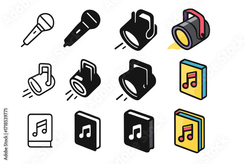 Karaoke Icons Collection. Icon Set of Karaoke Night Basics: Microphone, Stage spotlight, Songbook. Icons set in vector style, emblematic variations. Microphone