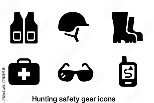 Hunting Safety Icons. Solid, filled icon set of hunting safety gear: vest, helmet, gloves, boots, first aid kit, safety glasses, whistle, GPS device. Solid,