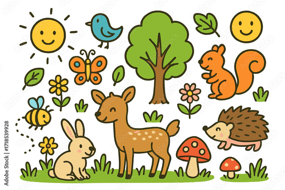Naklejka premium Playful Meadow Creatures. Colorful Hand-drawn doodle Children illustration Meadow animals deer, rabbit, squirrel, bird, grass, flower, tree, butterfly,