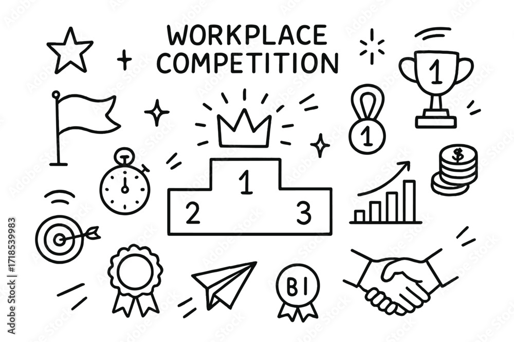 Naklejka premium Workplace Competition Icons. Hand-drawn doodle illustration Workplace competition leaderboard, trophy, medal, crown, star, spark, flag, stopwatch, target,