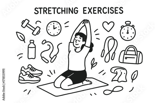 Stretching Essentials Icons. Stretching exercises. Hand-drawn doodle illustration stretching exercises yoga mat, person stretching, arms up, legs, dumbbell,