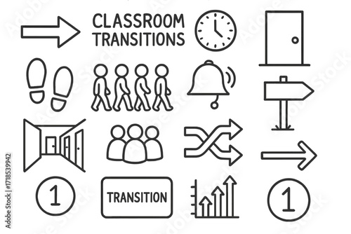 Classroom Transition Icons. Hand-drawn doodle illustration Classroom Transitions arrow, clock, door, footsteps, line of students, bell, signpost, hallway icon,