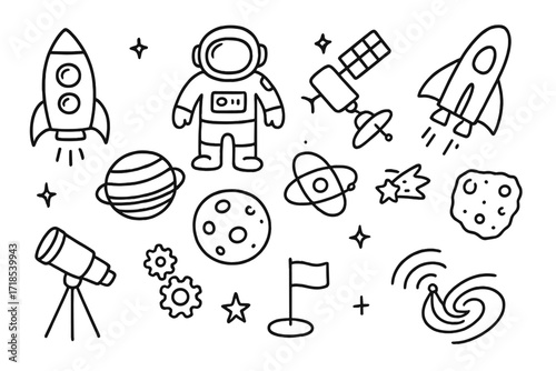 Space Exploration Doodles. Hand-drawn doodle illustration space exploration rocket, astronaut, satellite, space shuttle, planet, moon, flag, orbit line, comet,