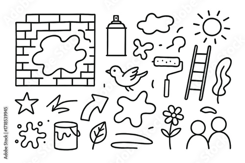Urban Mural Essentials. Hand-drawn doodle illustration Urban outdoor mural brick wall, spray can, roller brush, ladder, paint splash, arrow, star, abstract