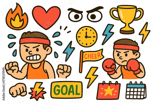 Sports Doodle Icons. Colorful Hand-drawn doodle Children illustration Sports Determination flame icon, heart, focus eyes, clock, trophy, sweat, clenched fists,