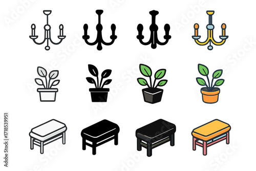 Gallery Icon Set. Icon Set of Gallery ambiance: chandelier lighting, potted plants, gallery seating bench. Icons set in vector style, emblematic variations.
