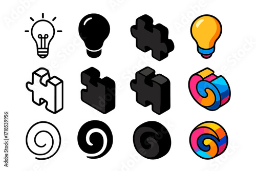 Conceptual Icon Set. Icon Set of Conceptual Imagery: Light bulb, Puzzle piece, Abstract swirl. Icons set in vector style, emblematic variations. Light bulb