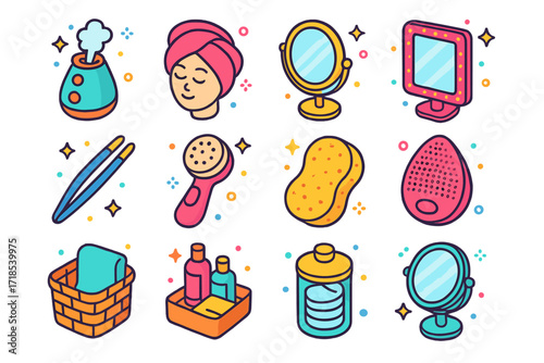 Makeup Accessories Icons Set. Colorful isometric vector icons set of makeup removal accessories: facial steamer, headwrap, vanity mirror, LED skincare mirror,