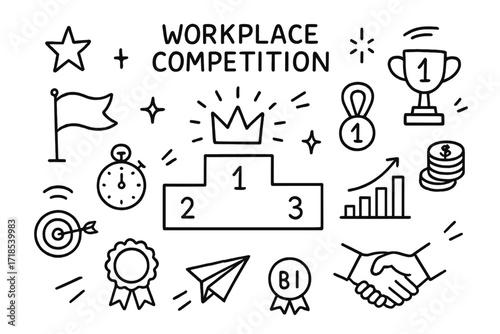 Workplace Competition Icons. Hand-drawn doodle illustration Workplace competition leaderboard, trophy, medal, crown, star, spark, flag, stopwatch, target,