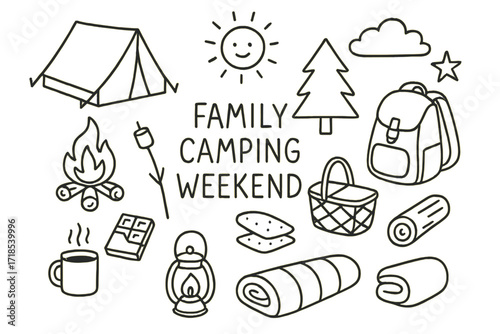 Family Camping Doodle. Hand-drawn doodle illustration Family camping weekend [tent, campfire, marshmallow stick, backpack, picnic basket, chocolate bar,