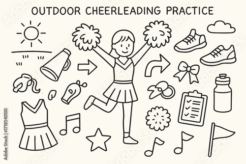 Cheerleading Practice Icons. Hand-drawn doodle illustration Outdoor Cheerleading Practice [field, sun, pom-poms, megaphone, sneakers, bow, whistle, clipboard,
