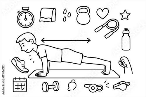 Push-Up Practice Doodle. Hand-drawn doodle illustration Proper push-up form practice person on yoga mat push-up pose, arrows showing straight back, stopwatch,