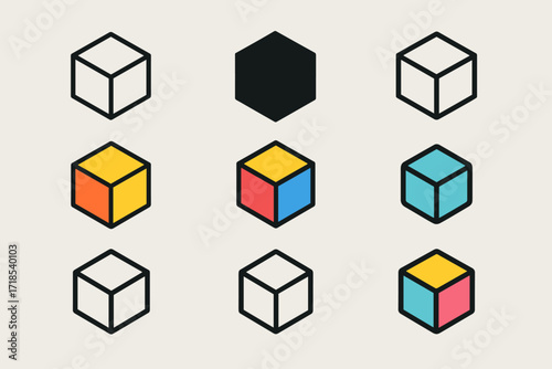 Vibrant Geometric Design. line, bold thick line, solid black filled, solid black isometric, flat minimal monochrome, flat colorful, isometric flat colorful
