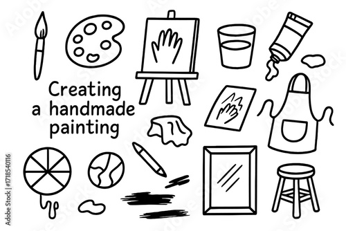 Art Supplies Doodle. Hand-drawn doodle illustration Creating a handmade painting [paintbrush, palette, canvas, easel, paint tube, cup of water, rag, color