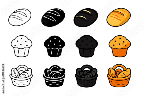 Organic Bakery Icons. Icon Set of Organic bakery: sourdough bread, organic muffin, pastry basket. Icons set in vector style, emblematic variations. Sourdough