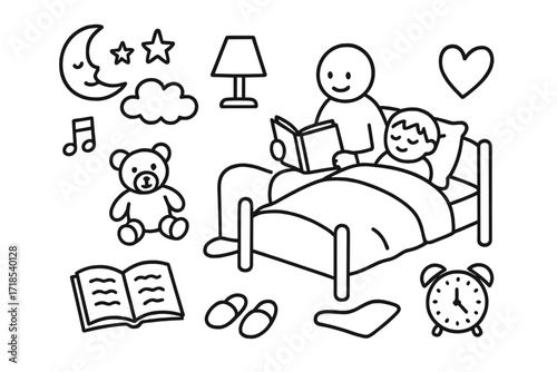 Goodnight Lullaby Doodles. Hand-drawn doodle illustration Goodnight lullaby music note, book, teddy bear, bed, child, parent figure, heart, moon, star, lamp,