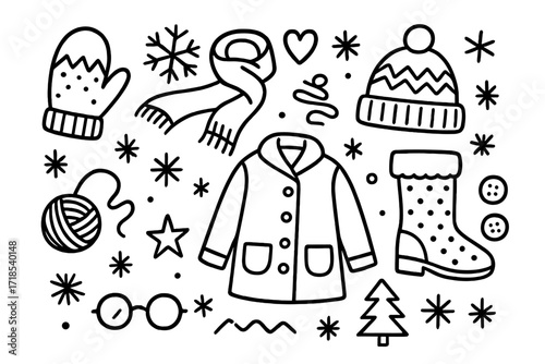 Winter Fashion Doodles. Hand-drawn doodle illustration Winter fashion mittens [stylish mitten, scarf, hat, coat, boot, snowflake, star, wool thread, heart,