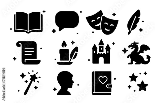 Storytelling Icon Set. Storytelling. Solid icons set of storytelling: open book, speech bubble, theater mask, feather quill, scroll, candle, fairy tale castle,