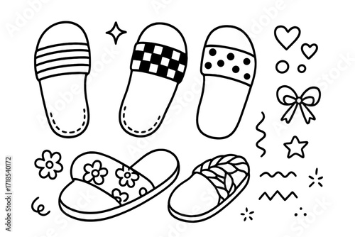 Patterned Sandal Doodles. Hand-drawn doodle illustration Sandals with Patterns [striped sandal, checkered strap, polka dot sandal, floral strap, braided strap,