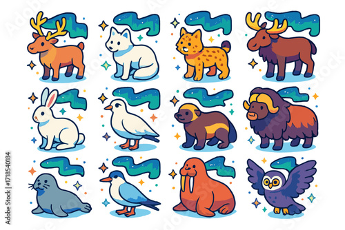 Colorful Arctic Wildlife Icons. Colorful isometric vector icons set of arctic wildlife under aurora: reindeer, snow fox, lynx, moose, snowy hare, ptarmigan,
