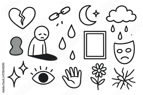 Lonely Soul Doodle. Hand-drawn doodle illustration Lonely soul cracked heart, broken chain, moon, star, cloud, tear drop, shadow, empty frame, mask, swirl,