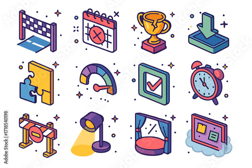 Unmet Goals Icons. Colorful isometric vector icons set of Unmet goals: unfinished race, canceled calendar, broken trophy, failed download, missing piece, slow