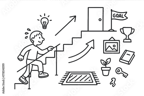 Stairway to Success. Hand-drawn doodle illustration Climbing the Stairs [person climbing, steps, railing, upward arrow, goal flag, trophy, door at top, light