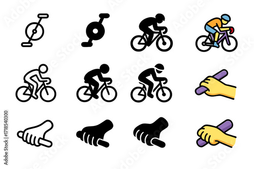 Cycling Efficiency Icons. Icon Set of Cycling Efficiency: Pedal stroke, Torso lean, Hand grip on bars. Icons set in vector style, emblematic variations. Pedal