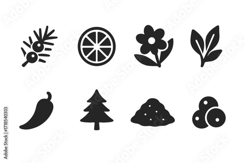 Gin Flavor Icons. Solid, filled icon set of gin flavors and aromas: juniper, citrus, floral, herbal, spicy, pine, earthy, peppery. Solid, filled icons in only