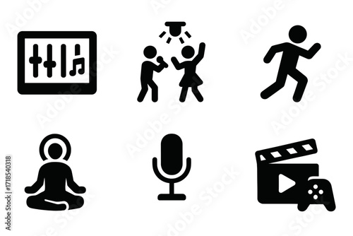 Tempo App Icon Grid. Solid, filled icon set of tempo applications: music production, live performance, dance, exercise, meditation, podcasting, video editing,