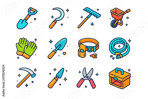 Colorful Farming Icons. Colorful isometric vector icons set of Farming tools and gear: shovel, sickle, rake, seed spreader, gardening gloves, trowel, tool