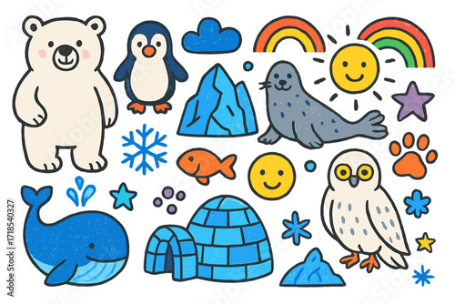 Arctic Wildlife Doodle. Colorful Hand-drawn doodle Children illustration Arctic Wildlife Sanctuary [polar bear, penguin, seal, whale, snowy owl, igloo, fish,