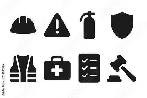 Safety Icons Grid. Solid, filled icon set of safety and regulation: hard hat, warning sign, fire extinguisher, shield, safety vest, first aid kit, checklist,