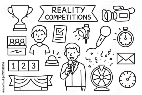 Reality Show Icons. Hand-drawn doodle illustration Reality competitions [trophy, contestant, voting card, camera, host mic, scoreboard, judge panel, spotlight,