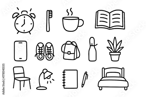 Minimalist Daily Icons. Hand-drawn doodle illustration Minimalist daily routines [alarm clock, toothbrush, cup, book, phone, shoes, bag, chair, rug, lamp,