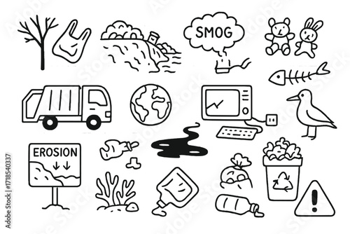 Plastic Pollution Icons. Hand-drawn doodle illustration plastic waste impact on environment plastic bag in tree, landfill near coast, smog cloud, broken