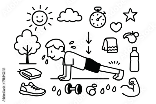Outdoor Workout Doodle. Hand-drawn doodle illustration Outdoor push-up workout person push-up on ground, sun, tree, cloud, stopwatch, arrows for alignment,