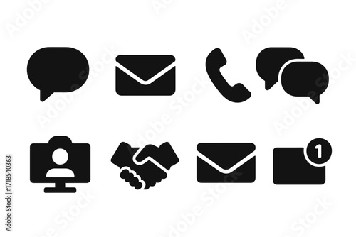 Communication Icon Grid. Solid, filled icon set of deal communication: speech bubble, email, phone call, chat, video conference, handshake, letter,
