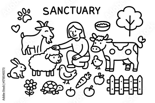 Sanctuary Petting Zoo. Hand-drawn doodle illustration sanctuary petting area person petting goat, sheep, cow, chicken, rabbit, turtle, bowl, carrot, apple,