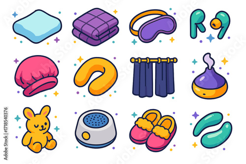 Napping Accessories Icons. Colorful isometric vector icons set of Napping accessories: memory foam pillow, weighted blanket, lavender eye mask, noise-canceling