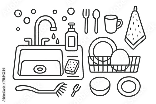 Kitchen Sink Doodles. Hand-drawn doodle illustration Kitchen sink and dish drying [sink, faucet, water drops, dish rack, sponge, soap bottle, brush, cup, fork,